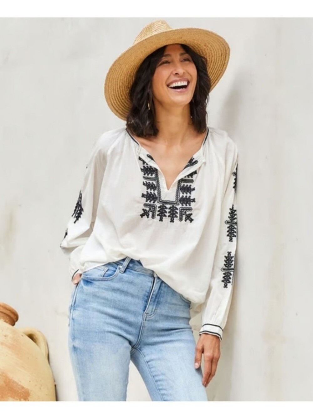 Karen Kane Cream Peasant Blouse with Black Embroidery